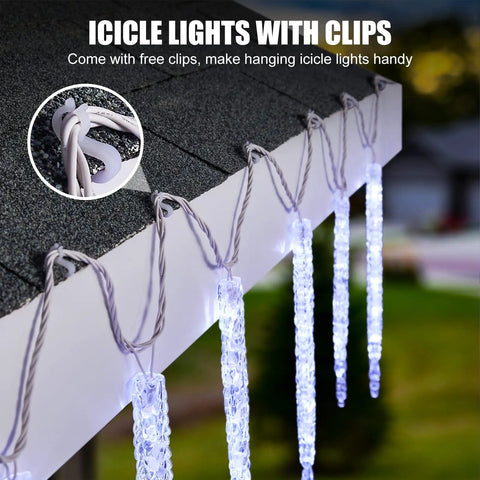 Outdoor Icicle Lights With Clips 20 Ft 100 LED Twinkling White Christmas String Lights attached to eaves