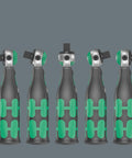 Five Zyklop Pocket Ratchet Set Imperial 1 With Integrated Bit Magazine tools in compact black green pro grade design, frontal view.