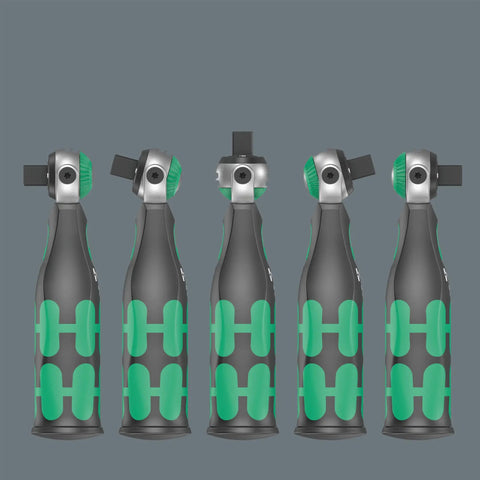 Five Zyklop Pocket Ratchet Set Imperial 1 With Integrated Bit Magazine tools in compact black green pro grade design, frontal view.