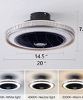 Quiet Bladeless Ceiling Fan With Lights And Remote 20 Inch Black Low Profile Flush Mount Three Speeds Three Light Kit Perfect For Bedroom And Kitchen With Ultra Silent Copper Motor, showing dimension details with three light color options.