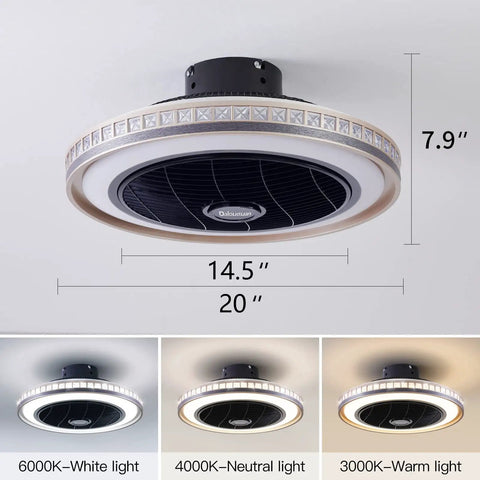 Quiet Bladeless Ceiling Fan With Lights And Remote 20 Inch Black Low Profile Flush Mount Three Speeds Three Light Kit Perfect For Bedroom And Kitchen With Ultra Silent Copper Motor, showing dimension details with three light color options.