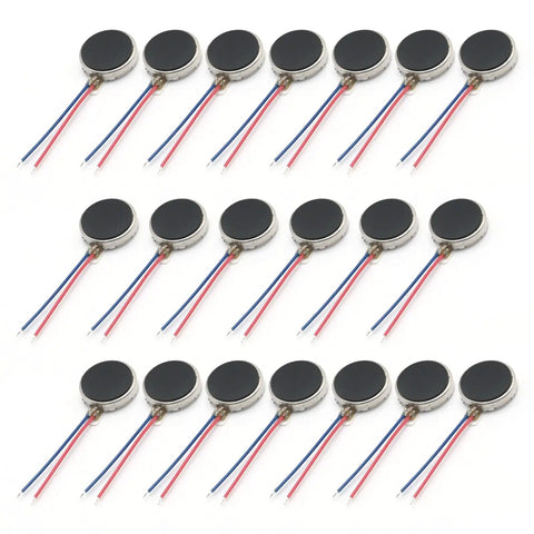 20 pack of Beefy Mini 10mm By 2mm Flat Coin Button Type Vibration Motors DC 3V 12000 RPM Micro Vibe Motors with wires visible
