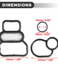 Dimensions of VTEC Solenoid Gasket Spool Valve Kit for Honda Civic 2001 to 2005, rubber metal 3-piece replacement set.