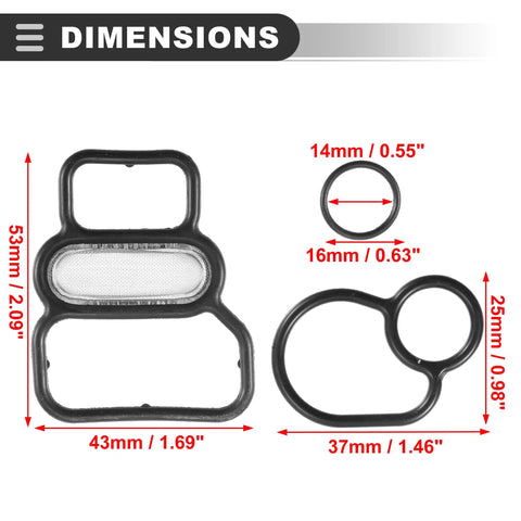 Dimensions of VTEC Solenoid Gasket Spool Valve Kit for Honda Civic 2001 to 2005, rubber metal 3-piece replacement set.