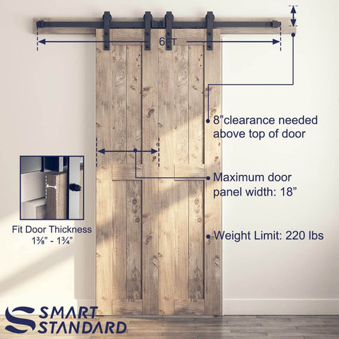 Six Foot Double Barn Door Hardware Kit For Home Use Sliding Door Track That Glides Smooth And Quiet DIY Friendly Install Fits An 18 Inch Wide Door Panel J Shape Hanger Black Finish installed view with measurements.