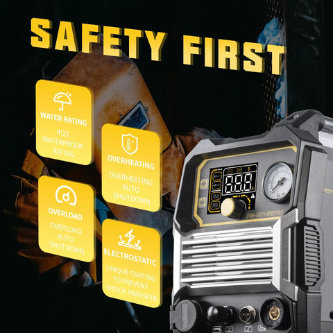 Dual Voltage Plasma Cutter 55 Amp High Frequency No Touch Pilot Arc With Digital Display And IGBT Inverter shown with safety features