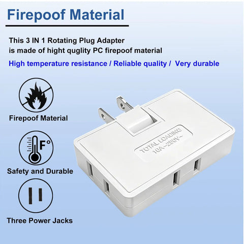 Three Way Flat Wall Outlet Extender With 180 Degree Swivel 2 Prong Type A White Ultra Thin Folding Electrical Outlet Splitter showcasing fireproof material and three power jacks.