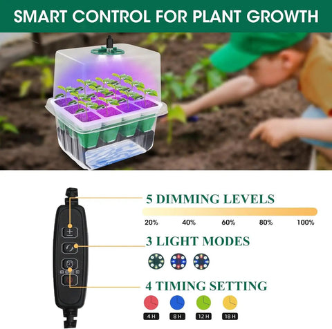 Self Watering Seed Starter Tray With Grow Light 60-Cell 5-Pack Reusable Seedling Trays Silicone Humidity Dome For Indoor Gardening