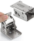 Heavy Duty Folding Brackets For Table Legs And Wall Shelves With Self Locking Hinges Rating Up To 330 Pounds Each showing silver steel mechanism.