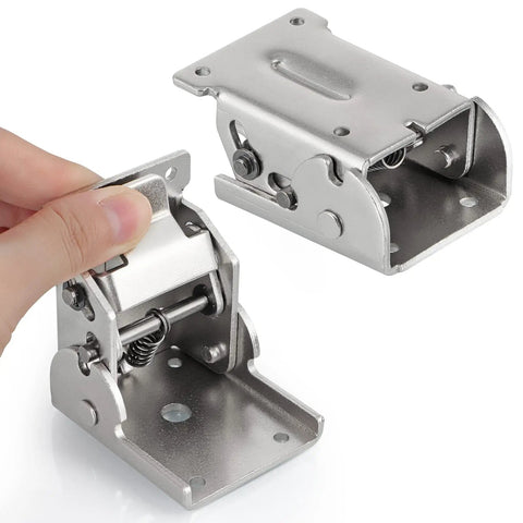 Heavy Duty Folding Brackets For Table Legs And Wall Shelves With Self Locking Hinges Rating Up To 330 Pounds Each showing silver steel mechanism.