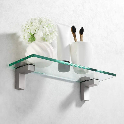 14 Inch Tempered Glass Bathroom Shelf With Wall Mount Brushed Nickel Brackets 8mm Thick Clear Glass holding toiletries