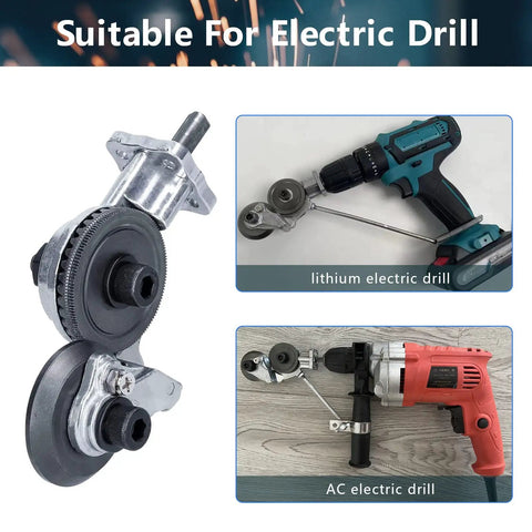 Electric Drill Shears Plate Cutter Nibbler Attachment With Adapter Pro Grade for sheet metal cutting, shown with two drill types.