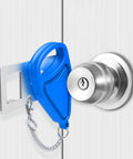 Blue portable door lock on silver door handle, similar to Hotel Safety Portable Door Lock For Inside Use And Privacy Universal Security Jam Lock Adds Extra Protection For Dorms Apartments Bedrooms And Hotels Pink Color Easy To Install Durable And Quick To Use For Real Peace Of Mind