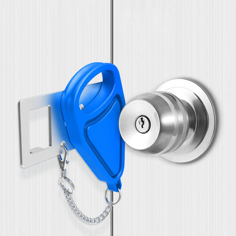 Blue portable door lock on silver door handle, similar to Hotel Safety Portable Door Lock For Inside Use And Privacy Universal Security Jam Lock Adds Extra Protection For Dorms Apartments Bedrooms And Hotels Pink Color Easy To Install Durable And Quick To Use For Real Peace Of Mind
