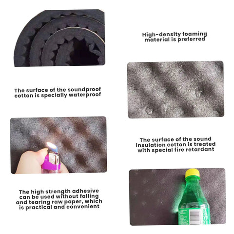 Rock Solid Self Adhesive Acoustic Foam Panels for Car and Studio Sound Dampening 2Cm Thick Echo Reducing Pads 79X20 Cm showing waterproof and fire retardant features.
