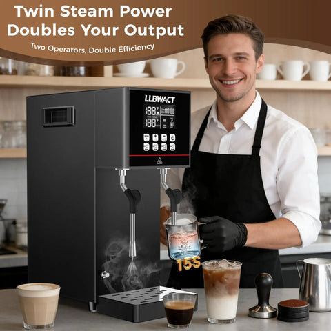 Beast Mode Dual Head Commercial Steam Milk Frother Driving Twin Independent Wands For Lightning Fast Microfoam and Crushing Peak Heavy Coffee Shop Rush Hours with user and drinks.