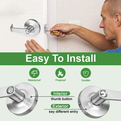 Man installing ANSI Grade 2 Commercial Keyed Entry Door Lever Handle With UL Listed ADA Compliant Performance Satin Chrome Finish