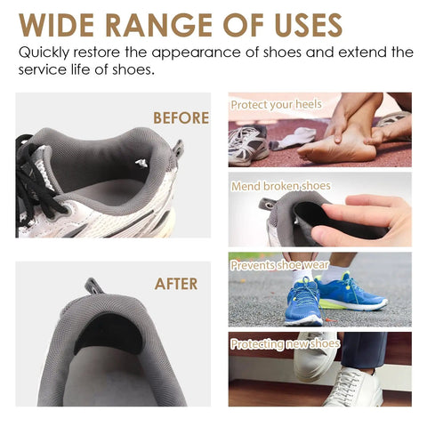 Before and after images of sneaker repaired using Inside Shoe Heel Repair Patches Kit, Self Adhesive Patch Set For Sneaker Holes, 12 Pieces