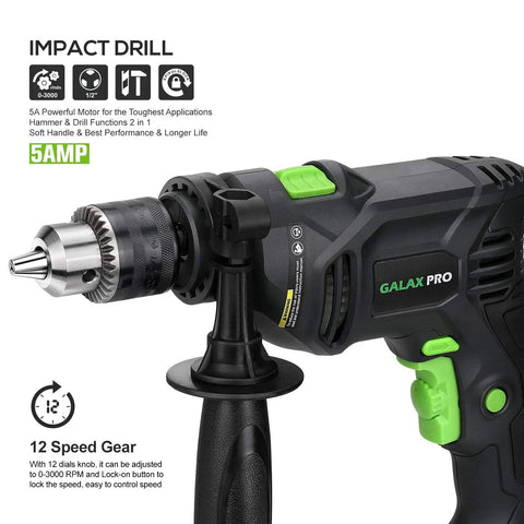 Close-up of Pro-Grade 5 Amp Half Inch Hammer Drill Kit With 105 Accessories, showing variable speed control and 360-degree handle.