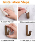 Installation steps for No Sweat Self Adhesive Wood Hooks, 6 Piece Set With Real Beech And Walnut Grain including cleaning, pressing, and setup.