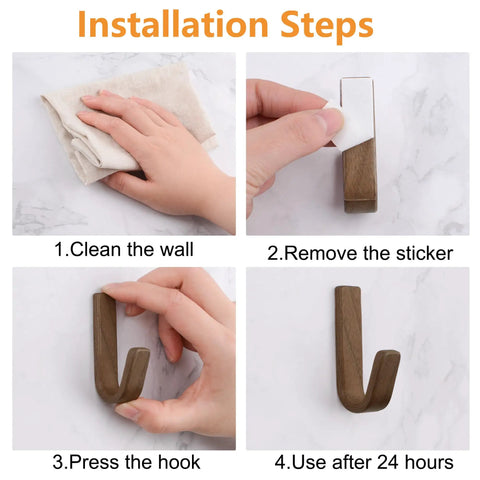 Installation steps for No Sweat Self Adhesive Wood Hooks, 6 Piece Set With Real Beech And Walnut Grain including cleaning, pressing, and setup.