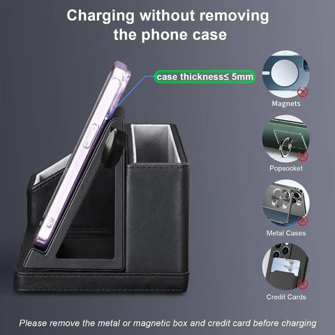 Black Leather Desk Organizer With Built In Charging Station Keeps Your Desk Clean And Charged Features Pen Holder Remote Tray Phone Charger And Nightstand Storage For Your Home Office Setup, showing phone charging upright