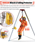 Built Tough Confined Space Tripod Rescue Winch Rig With Heavy Duty Stabilizer Hoist And Full Body Fall Arrest Harness Kit For Tunnel Sewer Construction Lifting And Battle Ready Lifesaving Protection At 1800 Lbs, featuring winch and worker in safety gear.