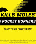 Label of pelleted mole and gopher bait for fast acting pest control in lawns and gardens, 6 oz bag, easy to apply mole killer