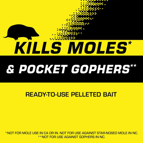 Label of pelleted mole and gopher bait for fast acting pest control in lawns and gardens, 6 oz bag, easy to apply mole killer