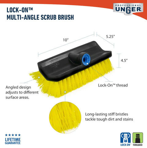 HydroPower 10-Inch Bi-Level Scrub Brush for Tough Grime shown with dimensions and lock-on thread detail, ideal for outdoor cleaning.