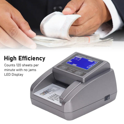 Super Fast Bill Counting Machine For US Dollars With Counterfeit Detection And Smart Value Tracker showing LED display and currency stacks.
