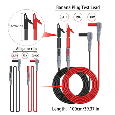 24 Piece Multimeter Test Leads Set With Alligator Clips And Insulation Piercing Probes For 1000V 10A CAT III Meters Like Fluke KAIWEETS INNOVA Voltmeter And Clamp Meter, showing red and black banana plug and L alligator clips, 100cm length.