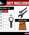 Heavy Duty Wrench Set Six Piece SAE 12 Point Combination Box Ends Drop Forged Heat Treated Carbon Steel Black Oxide Finish