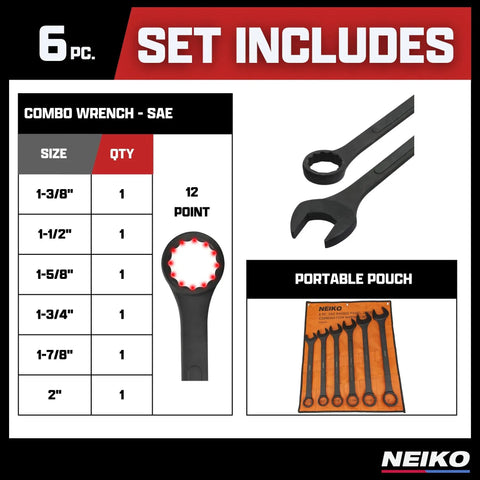 Heavy Duty Wrench Set Six Piece SAE 12 Point Combination Box Ends Drop Forged Heat Treated Carbon Steel Black Oxide Finish