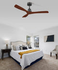 52-Inch Wood Blade Ceiling Fan With No Light Reversible DC Motor Modern Farmhouse Style in a bedroom setting
