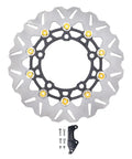 Drop In 300Mm Front Brake Disc Rotor With Stainless Steel Floating Design And Wavy Cooling Ribs For Rock Solid Stopping Power On 2017 To 2025 Dirt Bikes Featuring Cnc Aluminum Hub In Gold, top view with mounting hardware.