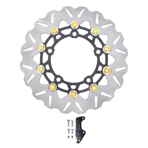 Drop In 300Mm Front Brake Disc Rotor With Stainless Steel Floating Design And Wavy Cooling Ribs For Rock Solid Stopping Power On 2017 To 2025 Dirt Bikes Featuring Cnc Aluminum Hub In Gold, top view with mounting hardware.