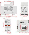 2 Pole DC 1000V Solar Fuse Holder For 10 X 38mm Fuses 35mm DIN Rail Mount CE Listed 32A PV Fuse Block with measurements