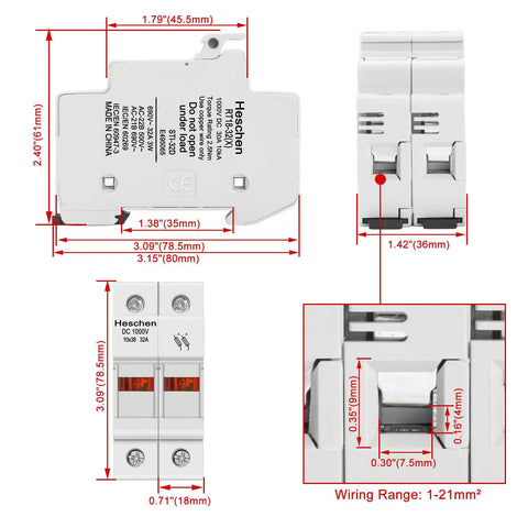 2 Pole DC 1000V Solar Fuse Holder For 10 X 38mm Fuses 35mm DIN Rail Mount CE Listed 32A PV Fuse Block with measurements