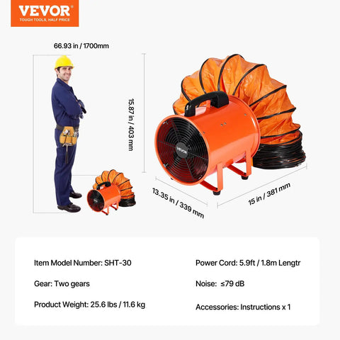 Image showing the VEVOR Portable Ventilator with Hose, featuring a 12 inch utility blower and 16.4ft flexible duct, ideal for industrial air movement.