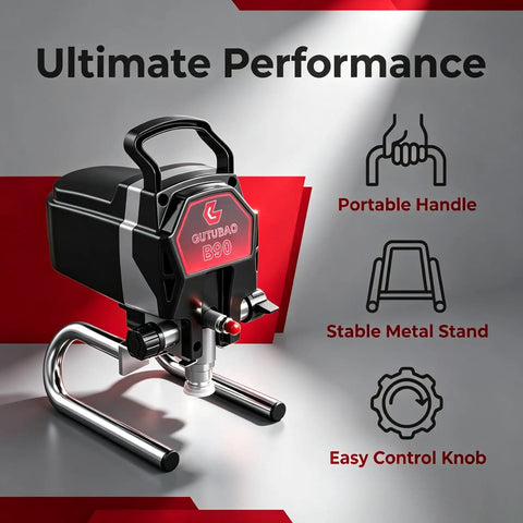 Pro Level Airless Paint Sprayer With 850W Motor For House Painting And DIY Furniture, showing portable handle and metal stand.