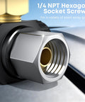 Close-up of 1/4 NPT hexagon socket screw on digital air pressure regulator for pneumatic tools
