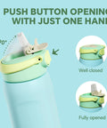 24 Oz Insulated Stainless Steel Water Bottle With Straw Sky Blue showing push button opening for easy use and single-hand operation.