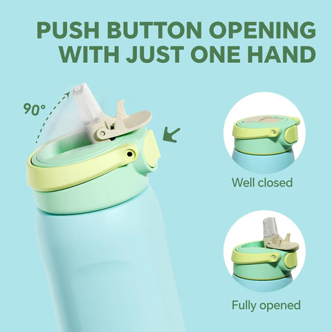 24 Oz Insulated Stainless Steel Water Bottle With Straw Sky Blue showing push button opening for easy use and single-hand operation.