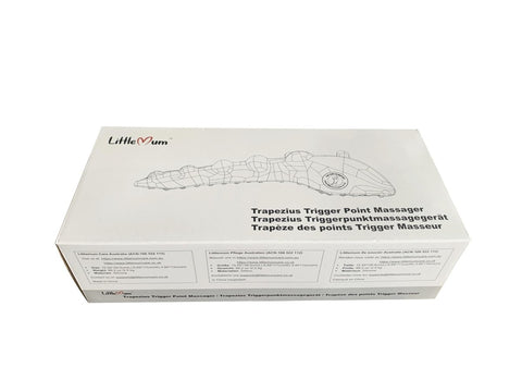 Box of trapezius massager for neck and upper back pain relief, manual trigger point tool, illustrated product on packaging