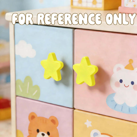 Yellow Star Rubber Drawer Knobs Set Of Six 2 Inch Soft Touch Cabinet Pulls For Furniture Offering A Straight Up Chill Vibe With A Simple Install On Any Home Upgrade Project on a colorful cabinet.