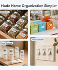 Image showcasing various labeled items using the D110 Upgraded Mini Label Maker With Tape for organizing home, office, and kitchen.