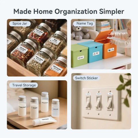 Image showcasing various labeled items using the D110 Upgraded Mini Label Maker With Tape for organizing home, office, and kitchen.