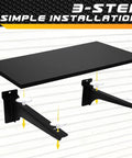 Simple installation of 40 Piece Slatwall Organizer Kit With Hooks Shelves Baskets Bins Cups And Straps Plus Mounting Screws For Heavy Duty Garage Workshop And Utility Room Storage shown with shelf and brackets.