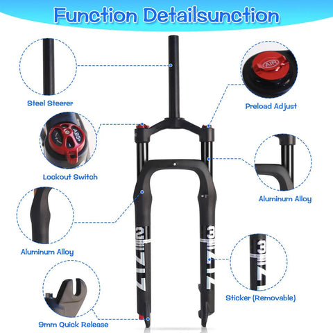 Diagram of Fat Tire 26x4.0 Inch MTB Air Suspension Fork With Ultralight Build, Rebound Adjustment, 120mm Travel, 135mm Hub Spacing.